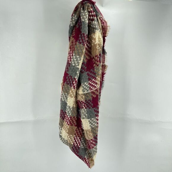 Womens Infinity Circle Scarf Wrap Woven Plaid Warm Neck Accessory Gray Maroon - Picture 6 of 9